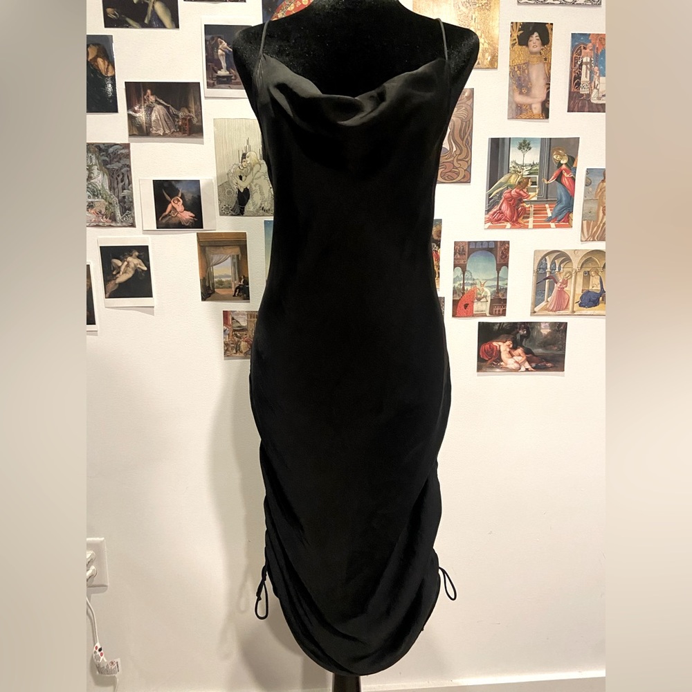 Free People Silk Cowl Neck Ruched Adjustable Mini/Midi Black Dress M